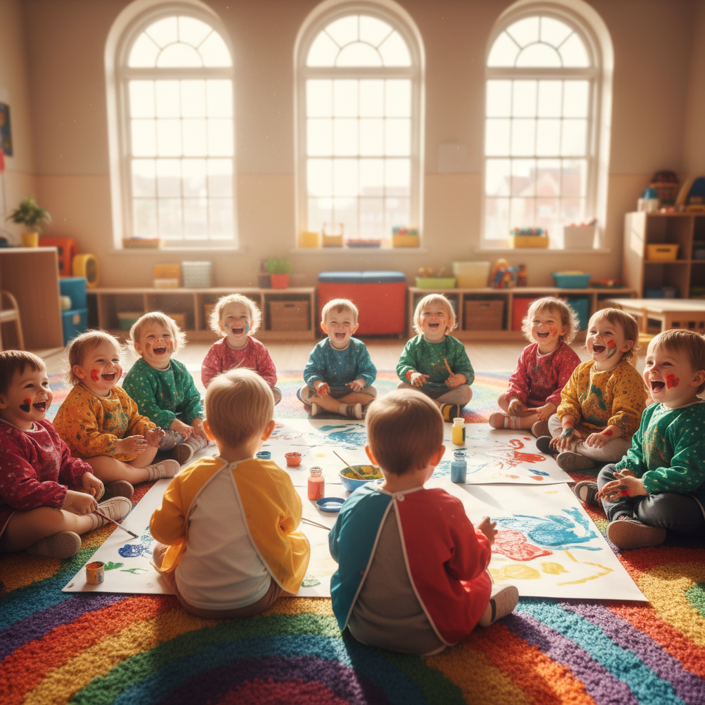 Circle of toddlers cross-legged on a rainbow rug while a teacher holds up a picture book, children mid-laugh with finger paint on their hands