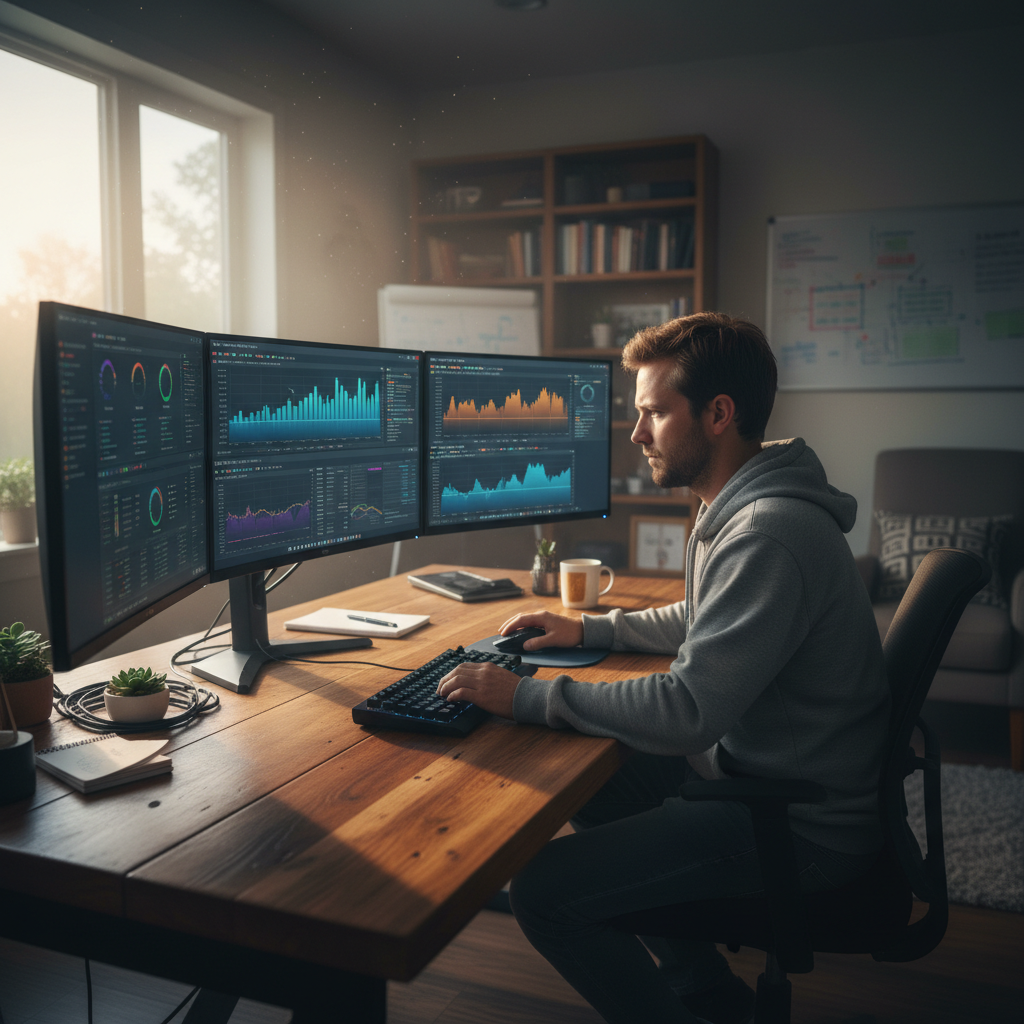 Rodrigo Mendes, platform engineer, early morning at desk with Grafana dashboards visible on screen