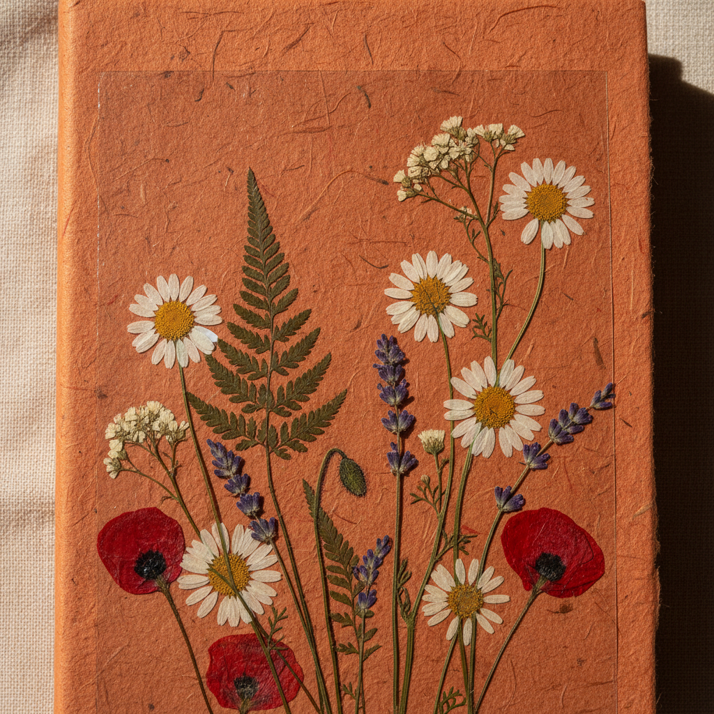 Earthy terracotta book cover with botanical illustration detail in warm light