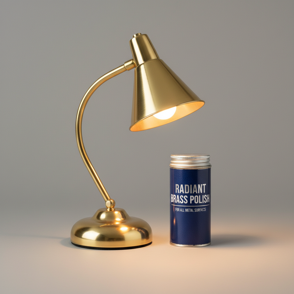 Polished brass lamp and metal polish product side by side