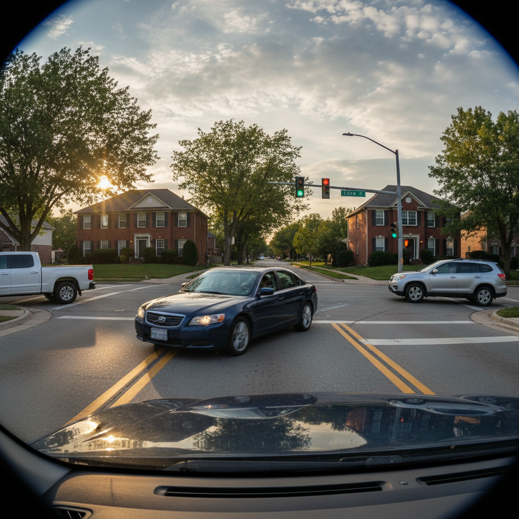 Dashcam view of residential intersection showing driver accelerating on green without checking cross traffic