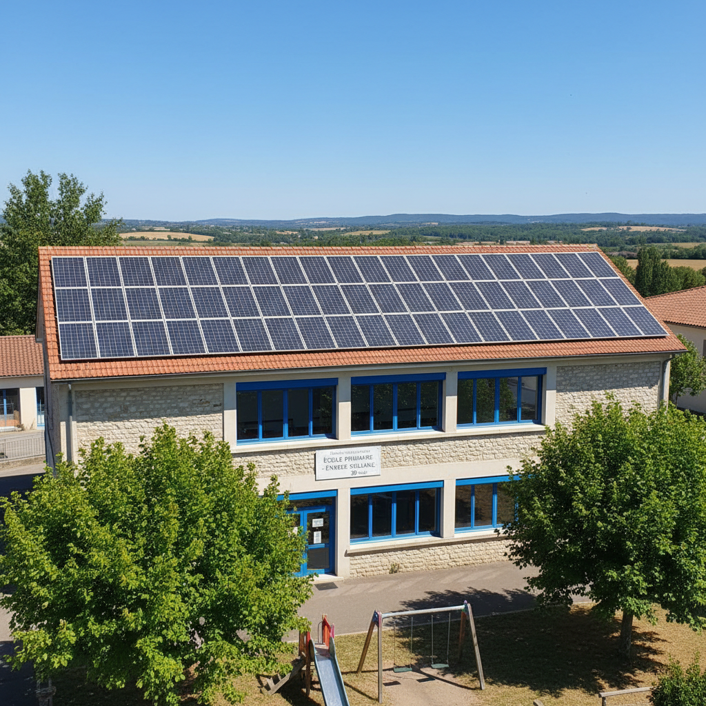 Solar panels installed on school rooftop under clear sky