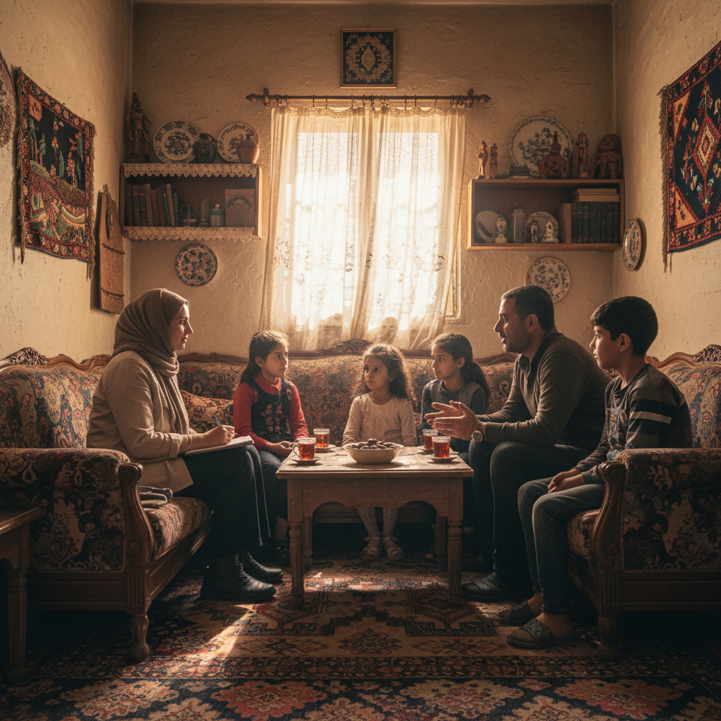 NOVA field researcher conducting household survey interview with Palestinian family in Gaza