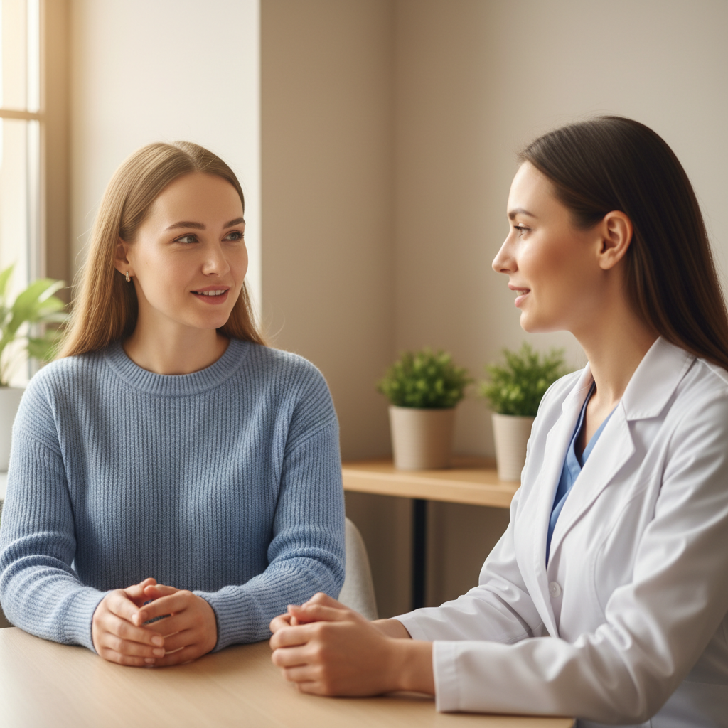 Woman speaking with healthcare provider in a calm office environment
