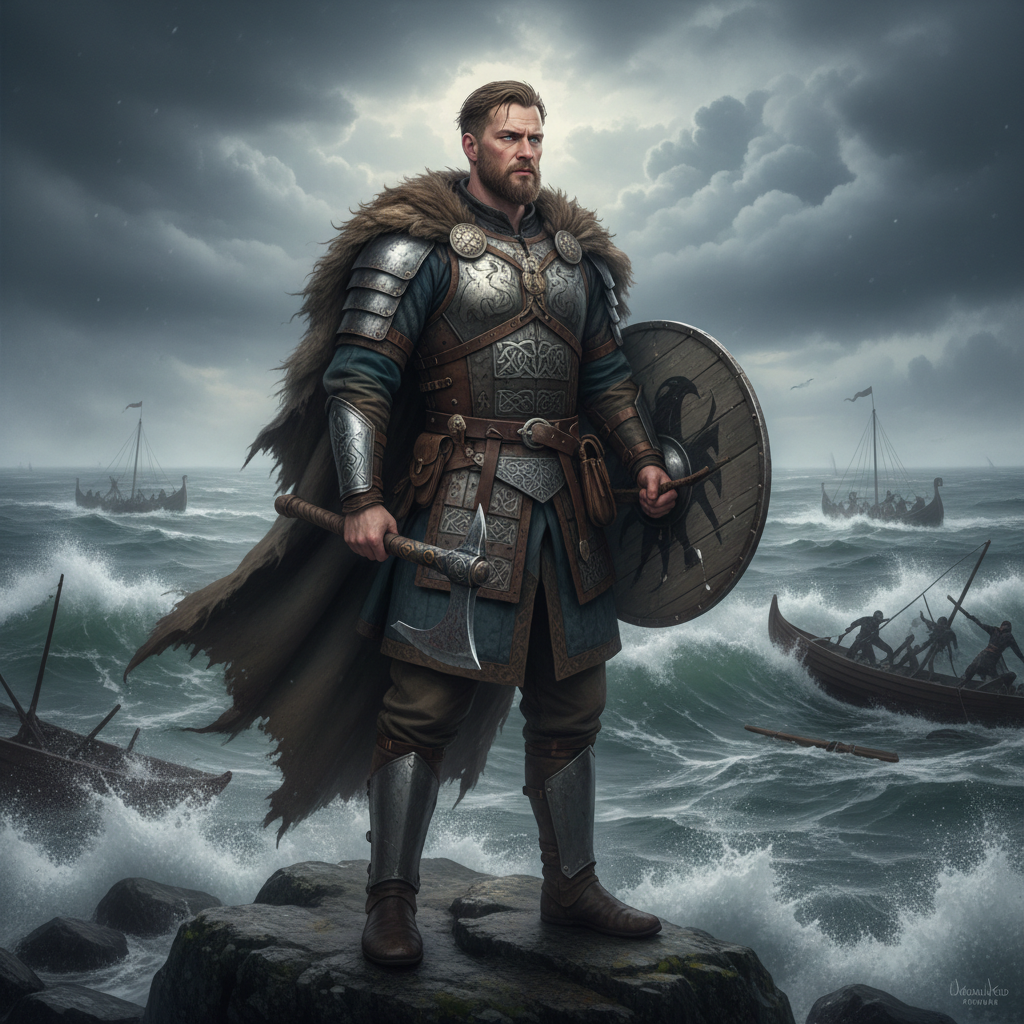 Viking warrior with long blonde hair standing on a ship bow against stormy northern seas