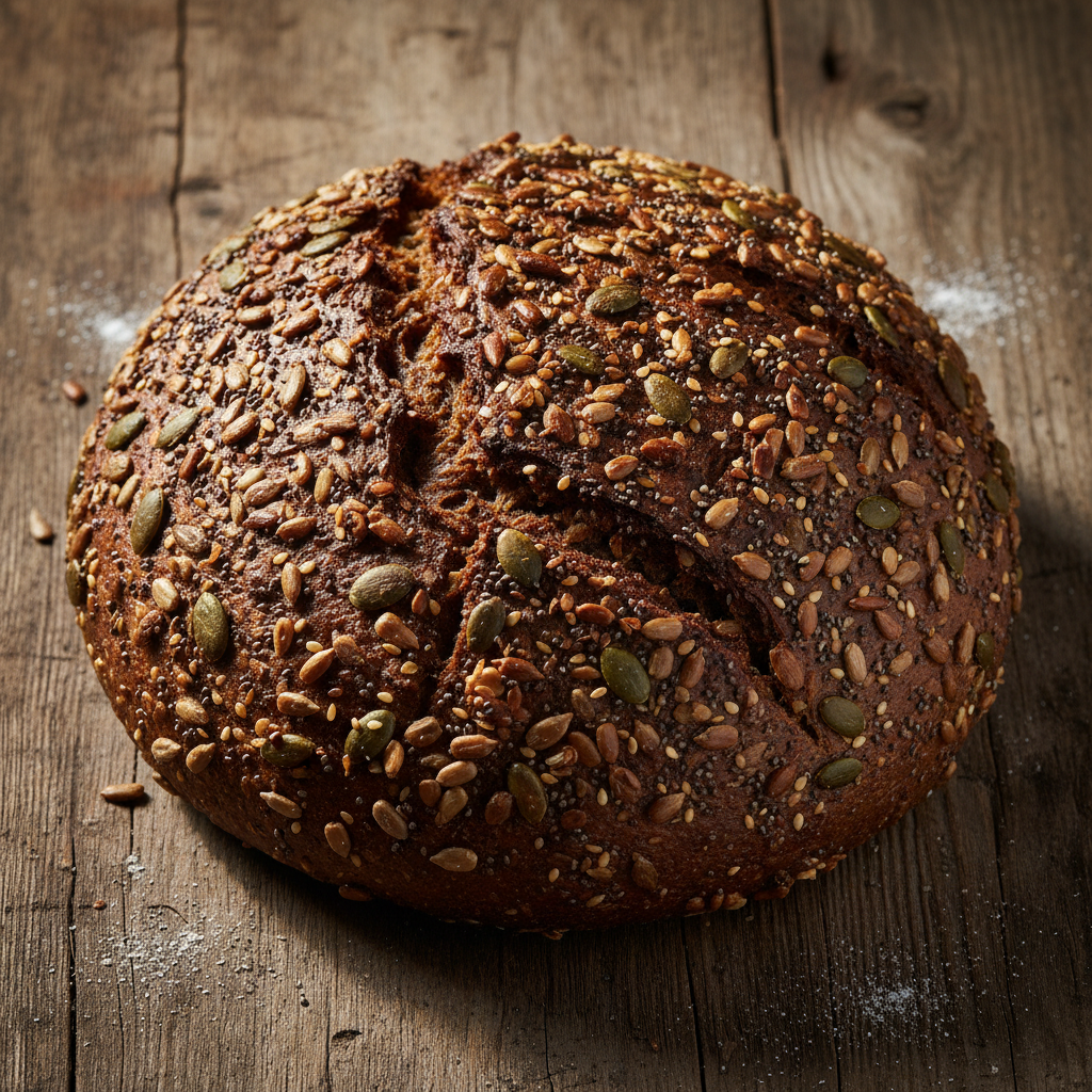Dense seeded rye bread loaf with sunflower and pumpkin seeds on top
