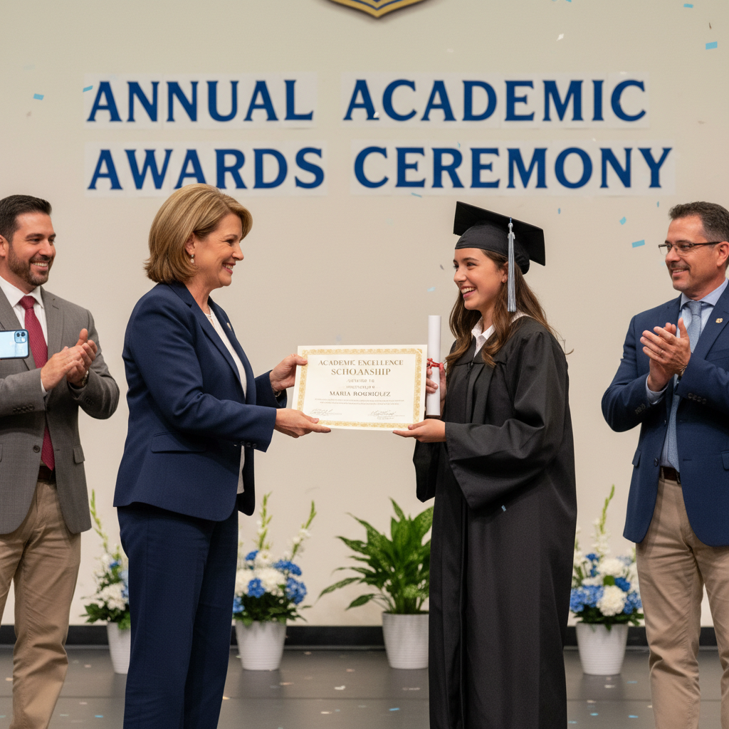 Student receiving scholarship certificate with proud family members at ceremony