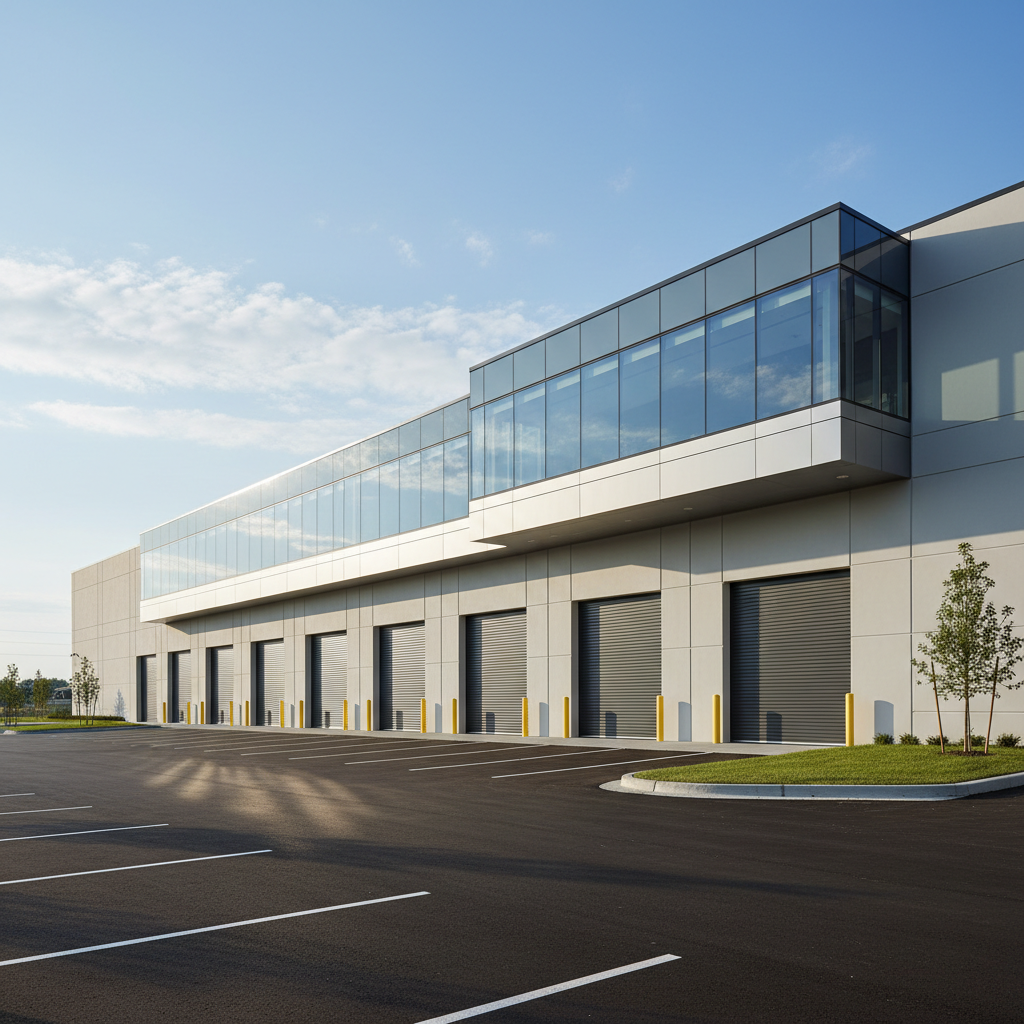 Modern flex warehouse building with grade-level doors and office frontage in business park