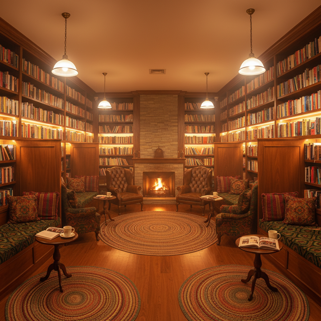 Library stacks with warm wood shelving, soft ambient lighting, and comfortable reading nooks