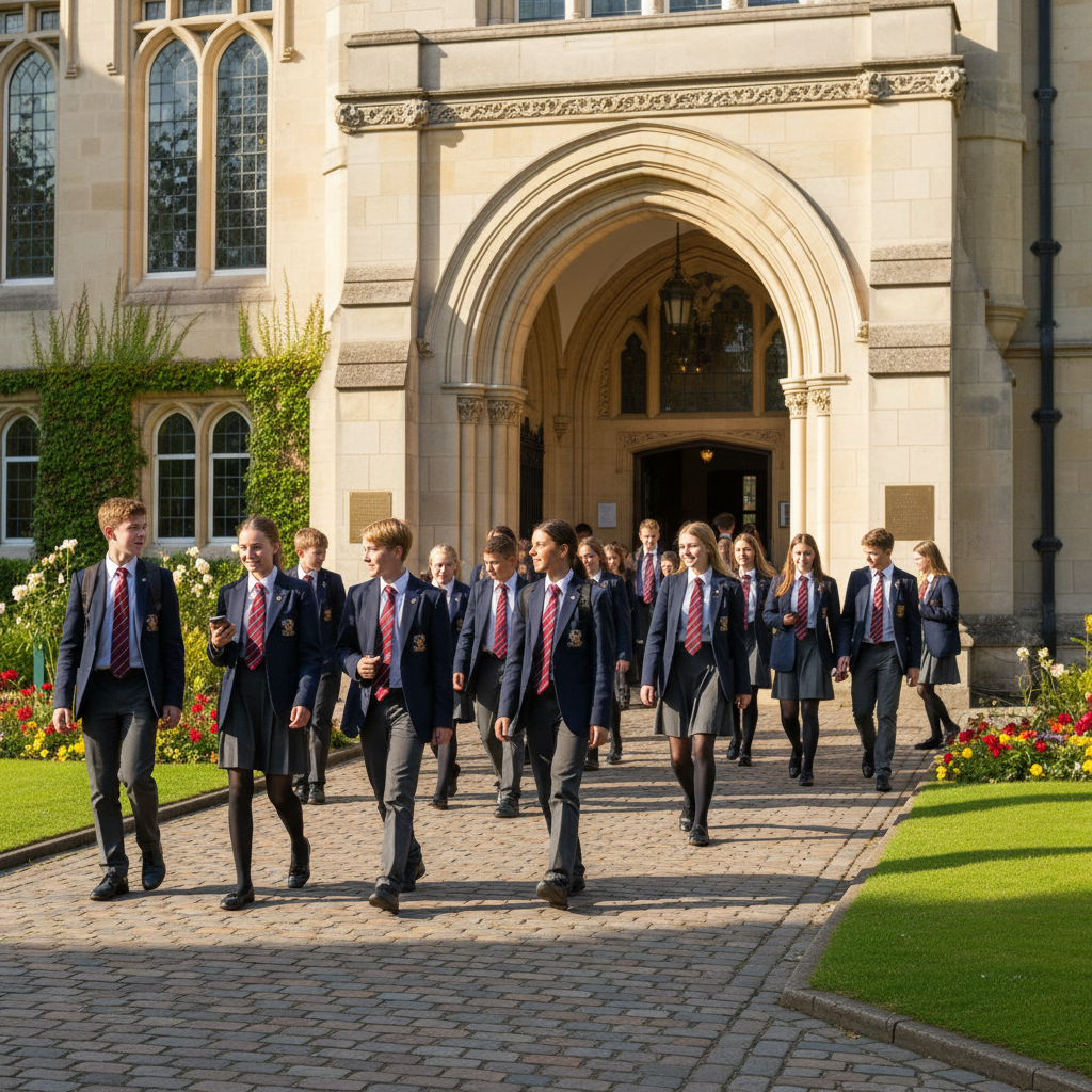 School entrance with students walking in wearing uniforms on bright morning