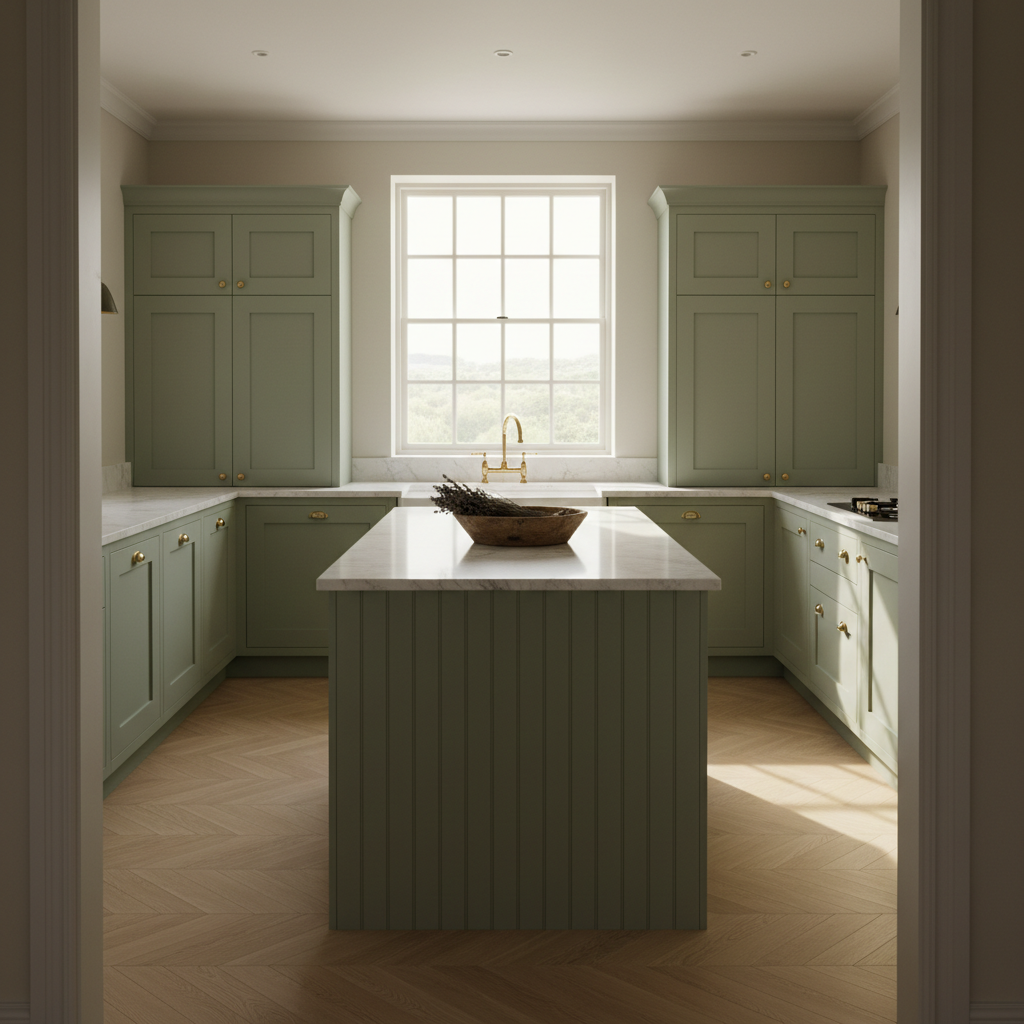 Completed kitchen viewed from doorway threshold — shaker cabinetry in muted sage, unlacquered brass bridge faucet, fluted marble island with dried lavender, natural light through divided-lite window casting afternoon shadows across herringbone floors