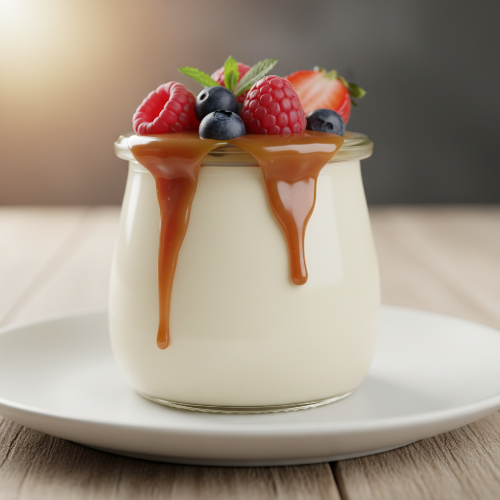 Smooth vanilla panna cotta topped with fresh mixed berry compote