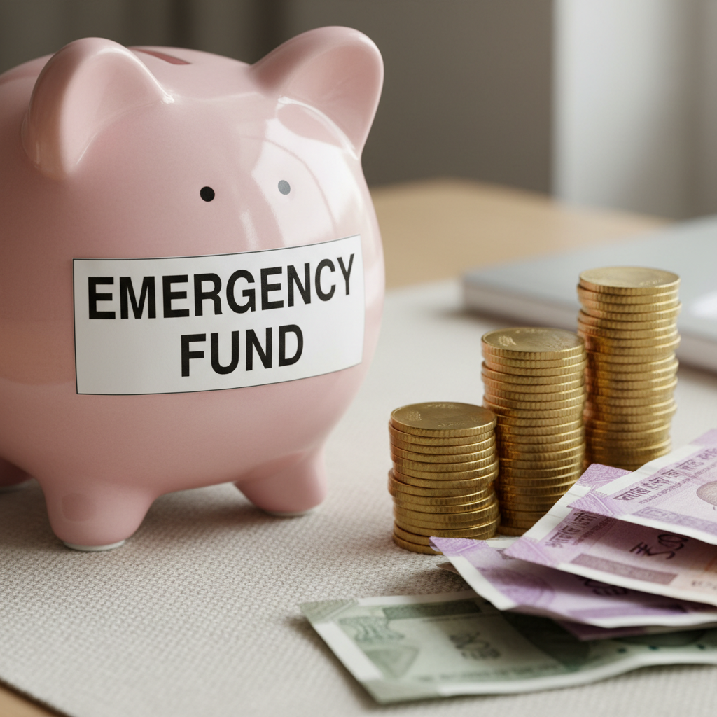 Piggy bank with Indian rupee coins and savings goal tracker on paper
