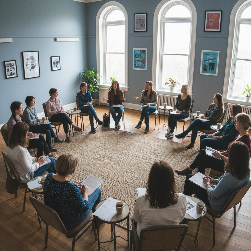 Women sitting in a supportive circle discussion session