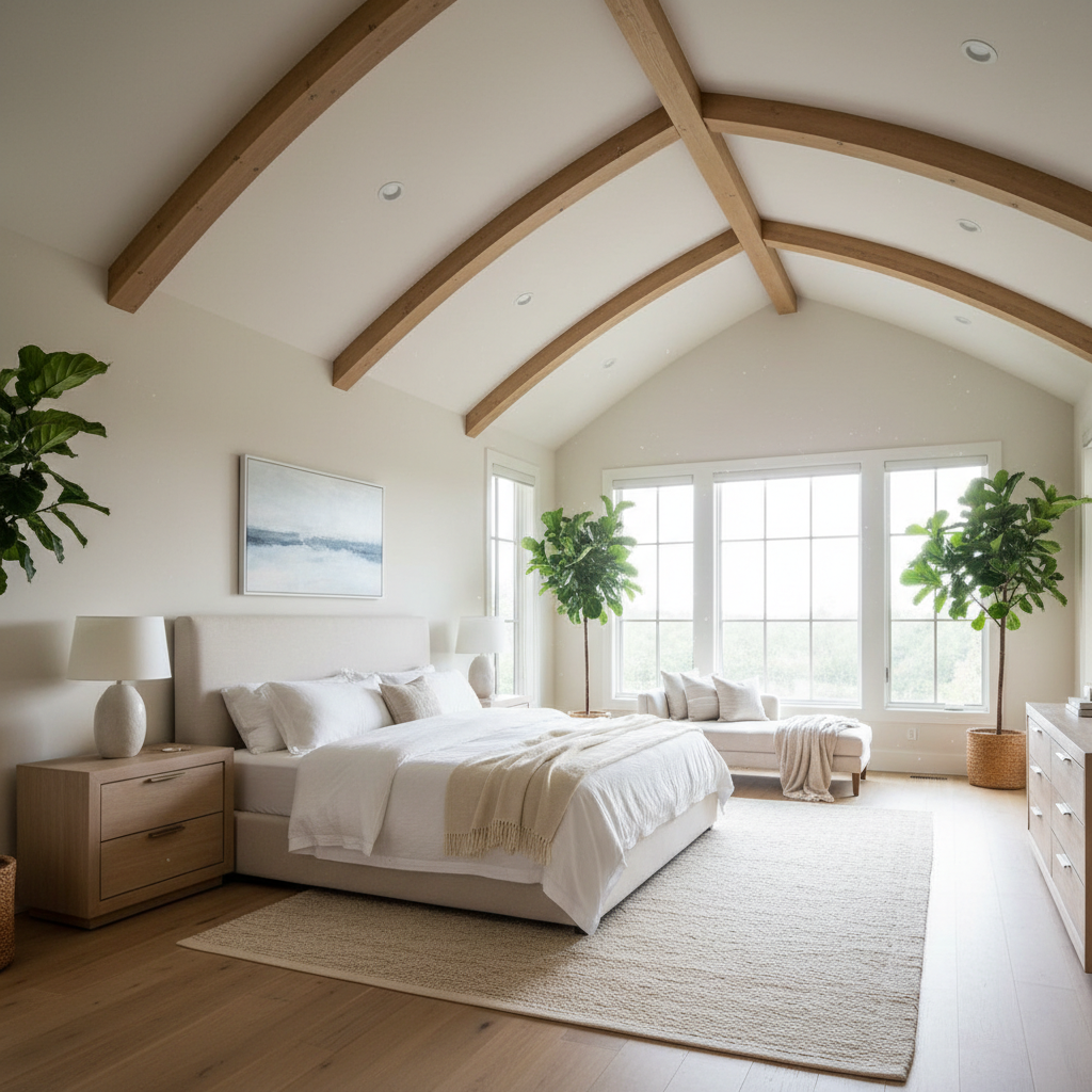 Master bedroom with vaulted ceiling and natural light