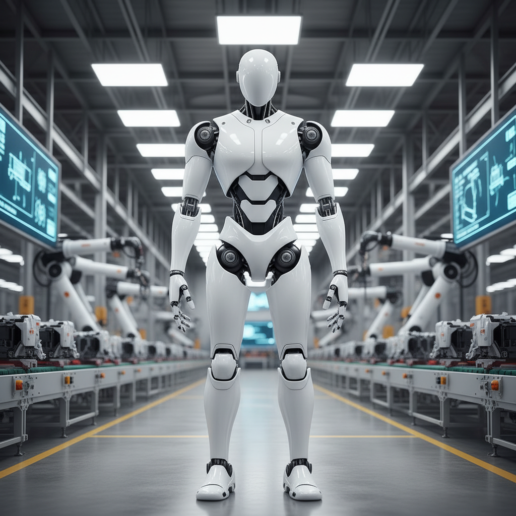 White humanoid robot in bright industrial setting, clean factory environment