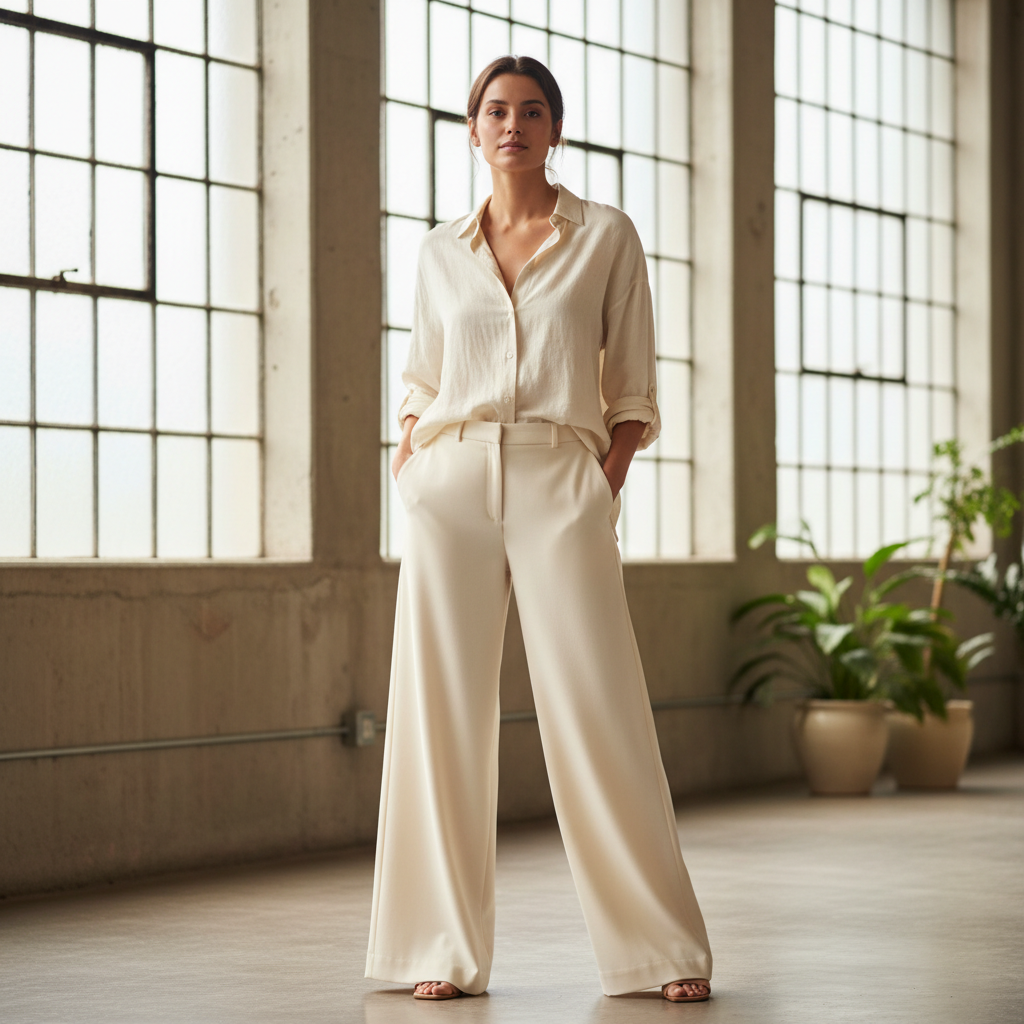 Wide-leg cream trousers on model against neutral background, clean editorial fashion photo