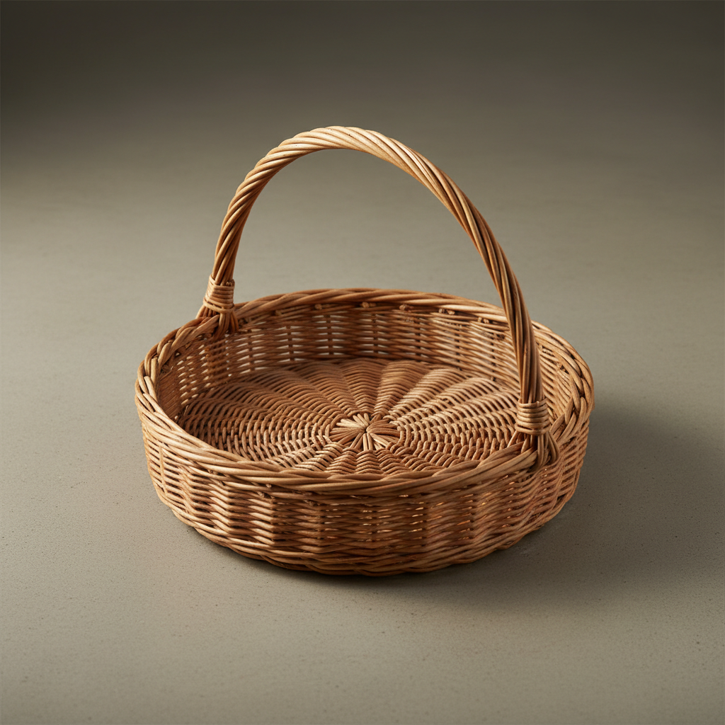 Finished round market basket woven from rattan core
