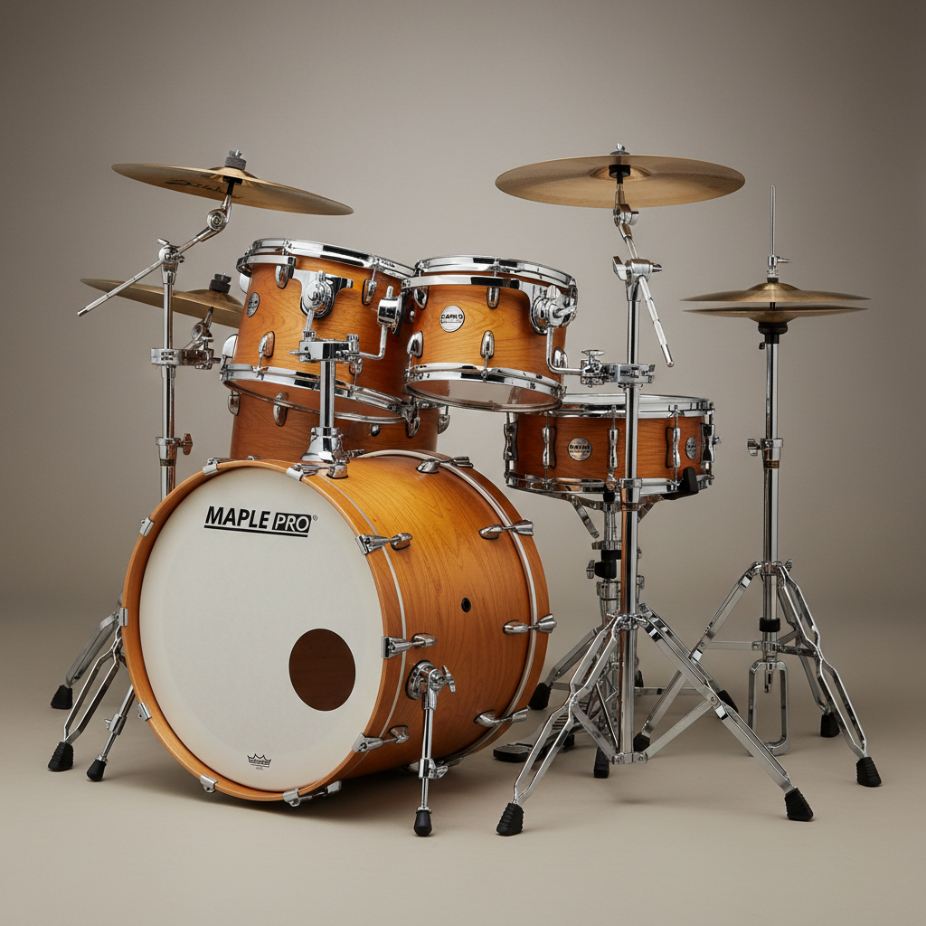 Full 5-piece drum kit with maple shells in a warmly lit studio