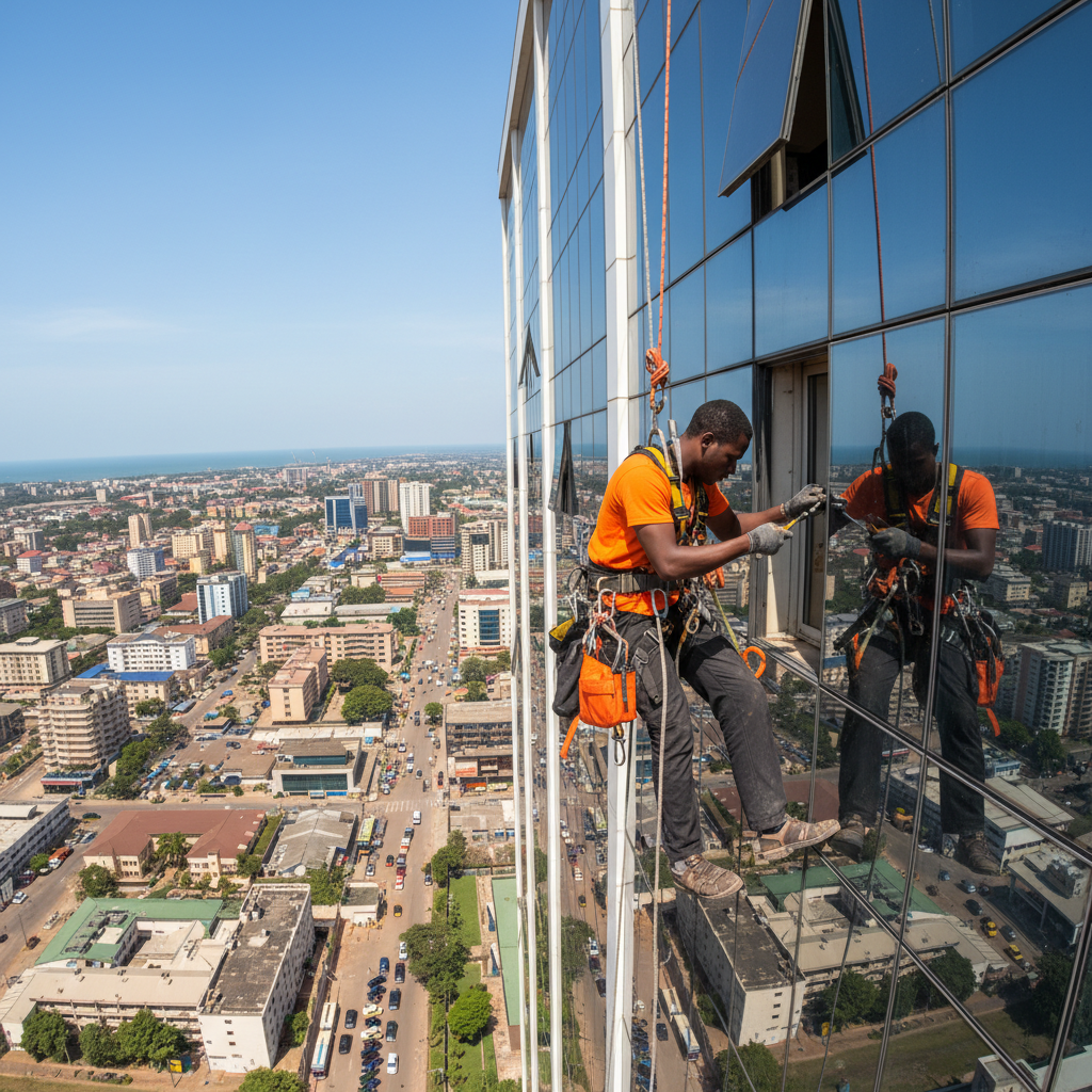 Chukwuemeka Obi, rope-access technician in orange safety harness on Lagos high-rise
