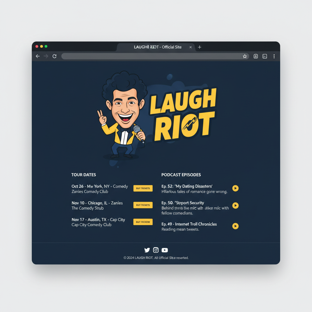 Comedy creator link page showing tour dates and podcast episodes