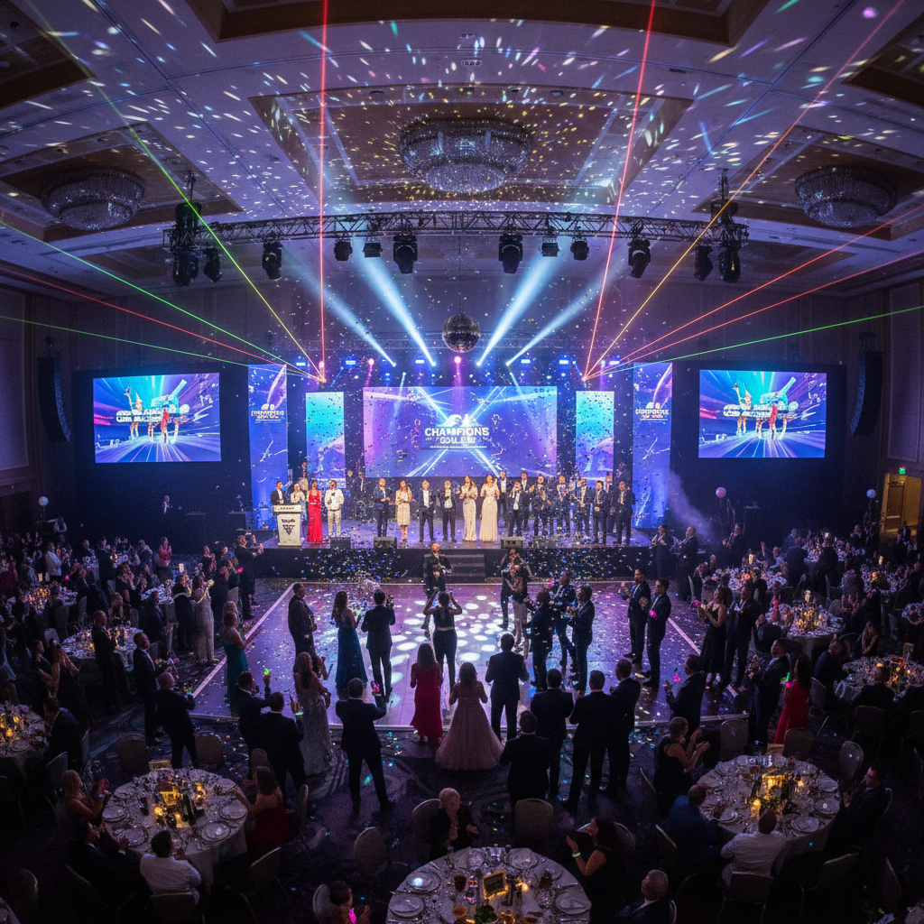 Concert-style community event with crowd of people and stage lighting at evening gala