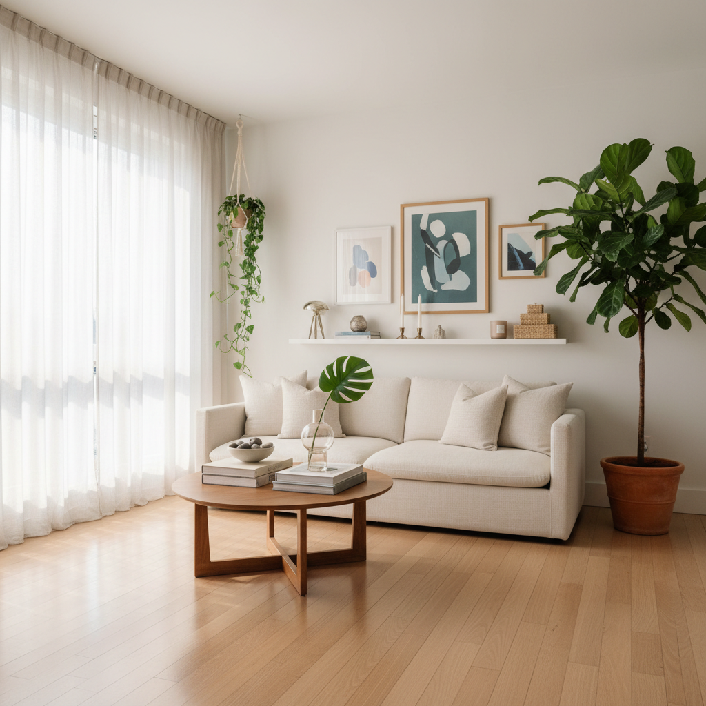 Beautifully organized living room with open floor space, minimal furniture and breathing room