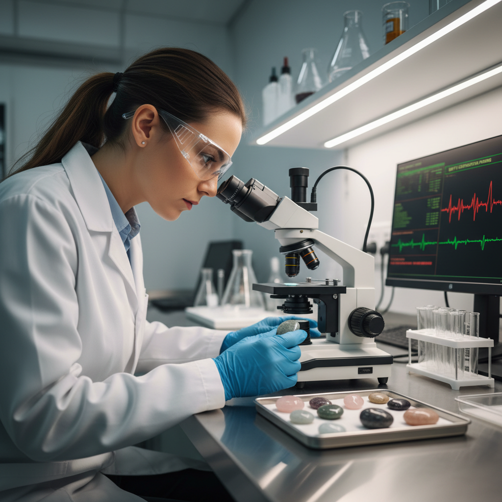 Senior female hearing aid technician in white lab coat examining a device under ring light magnification, focused and calm expression