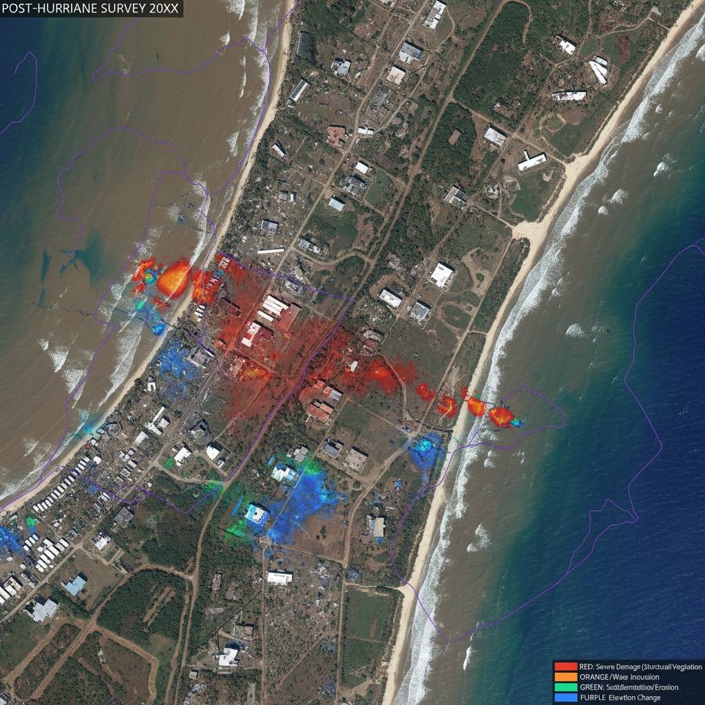 Satellite coastal imagery showing hurricane damage assessment with spectral analysis overlays