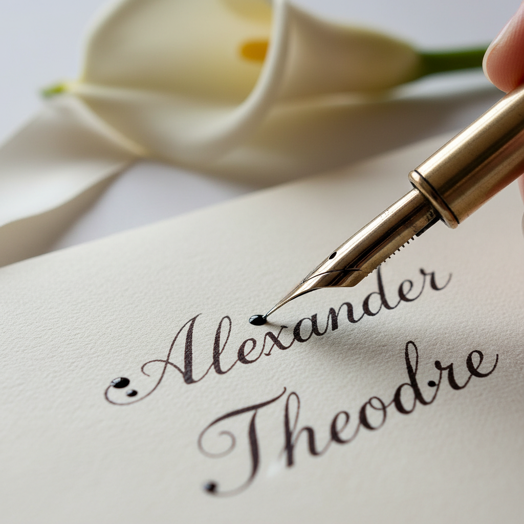 Close-up of pointed nib addressing wedding envelope showing ink pooling at terminals of capital letters