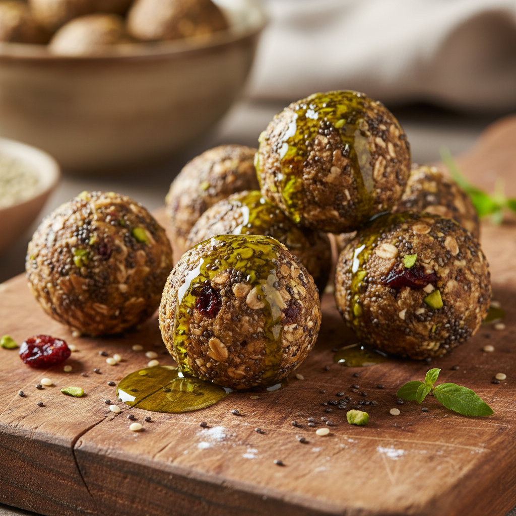 Energy bites bound with hemp seed oil on a wooden board, afternoon kitchen light