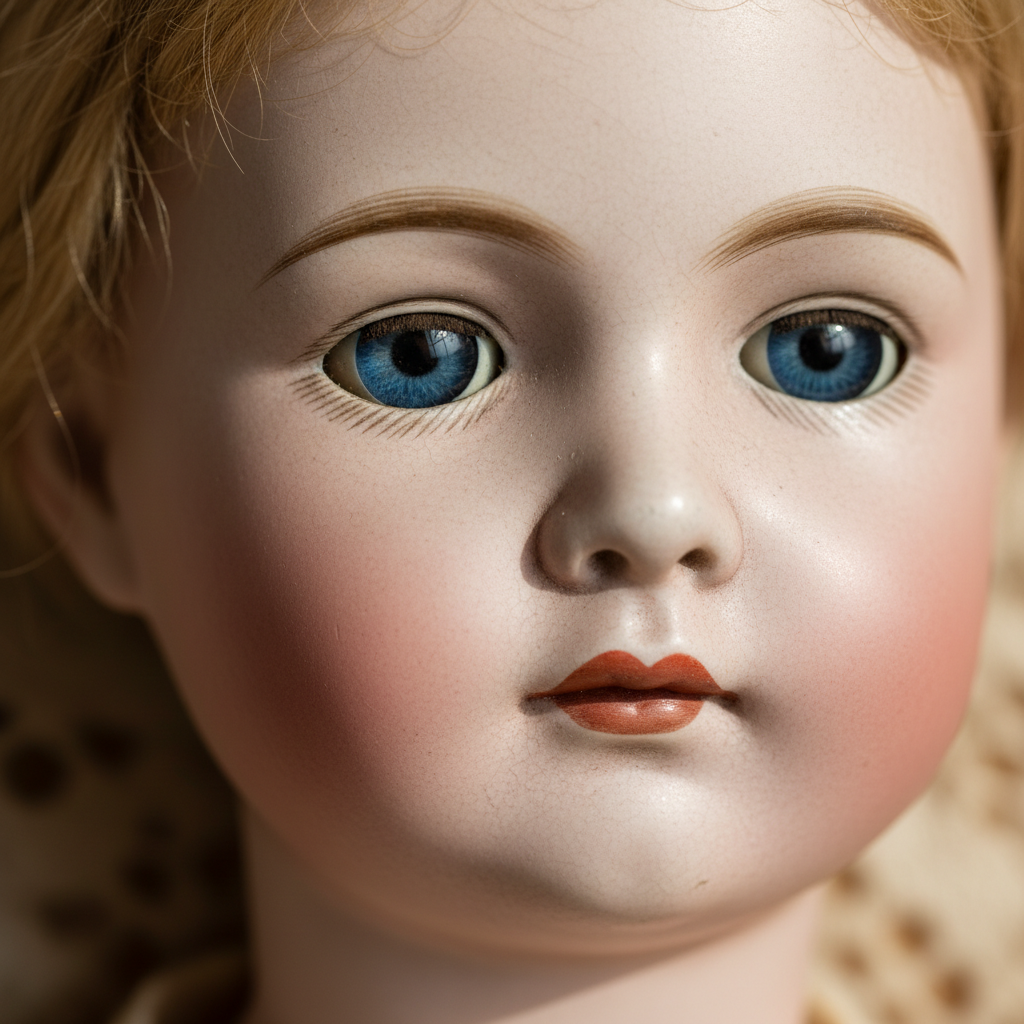 Close-up of antique bisque doll face with detailed hand-painted features and original glass eyes