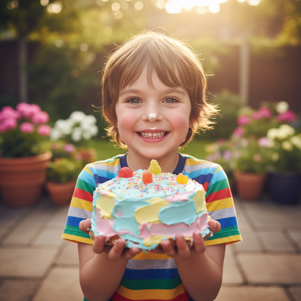 Seven-year-old holding up a lopsided but proud homemade cake with frosting on their nose