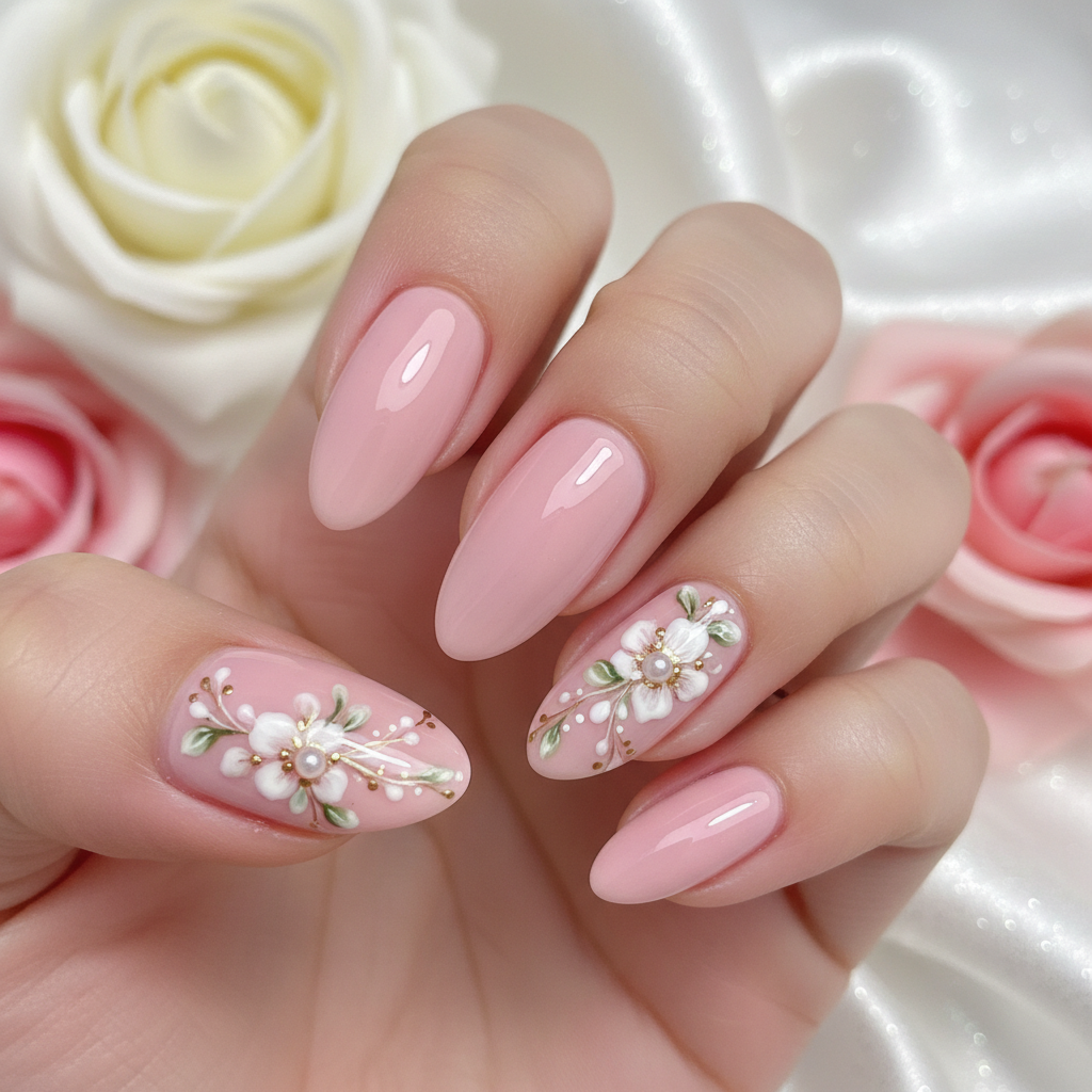 Close-up of beautifully manicured nails with pink gel polish and floral nail art