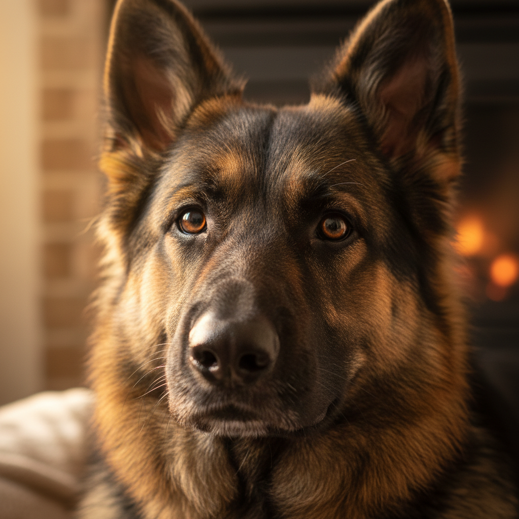 Sable German Shepherd portrait with plush double coat in warm light