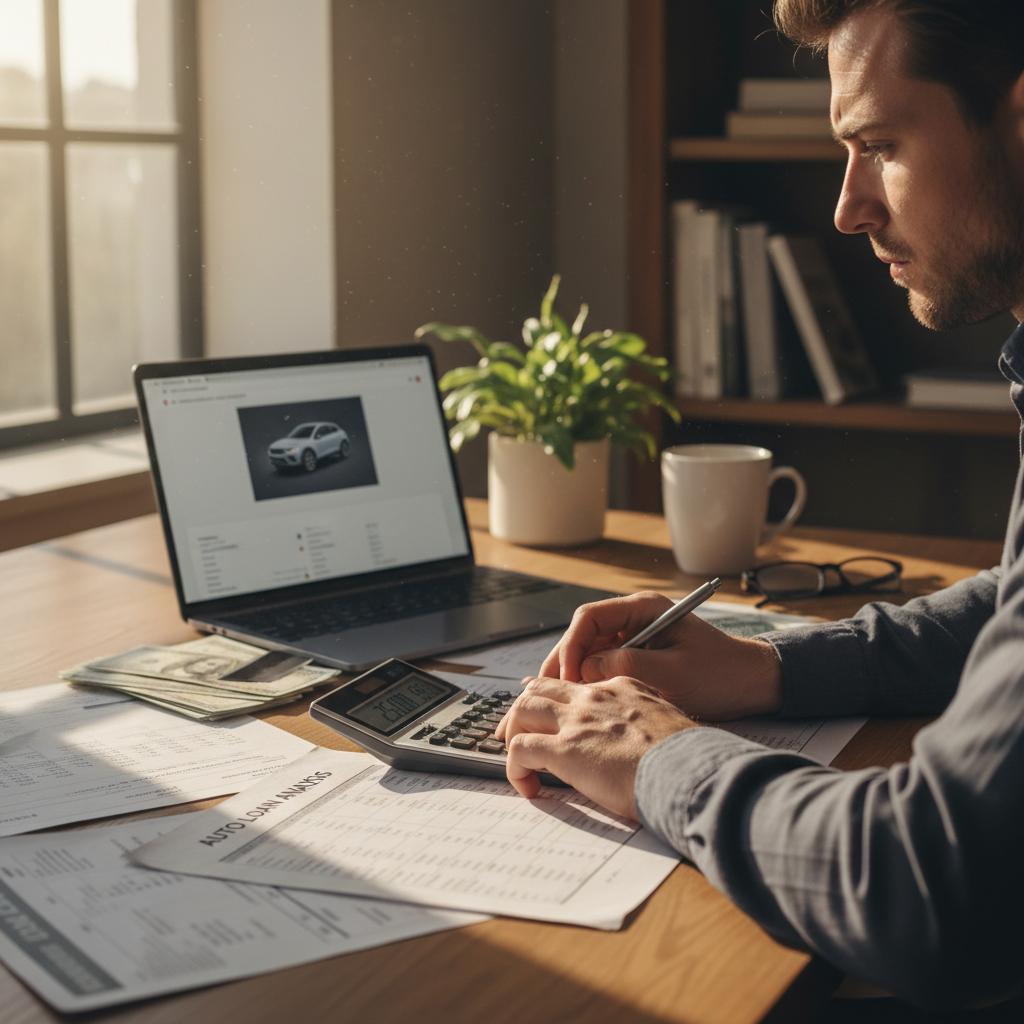 Person calculating car budget with financial documents and calculator on desk, planning how much car they can afford in 2026