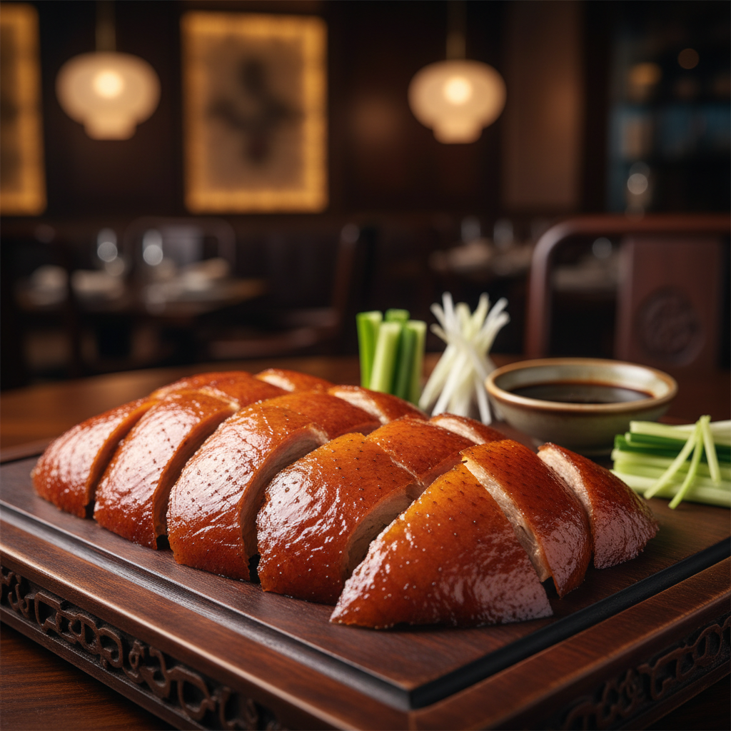 Glistening Peking duck with crispy lacquered skin on carved wooden board at Feast restaurant