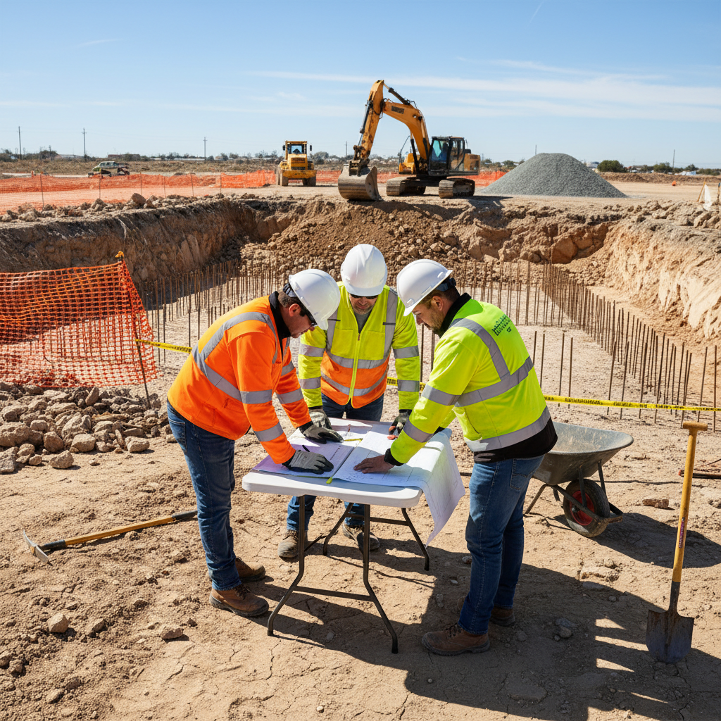 Construction workers at a jobsite reviewing safety paperwork near an excavation trench