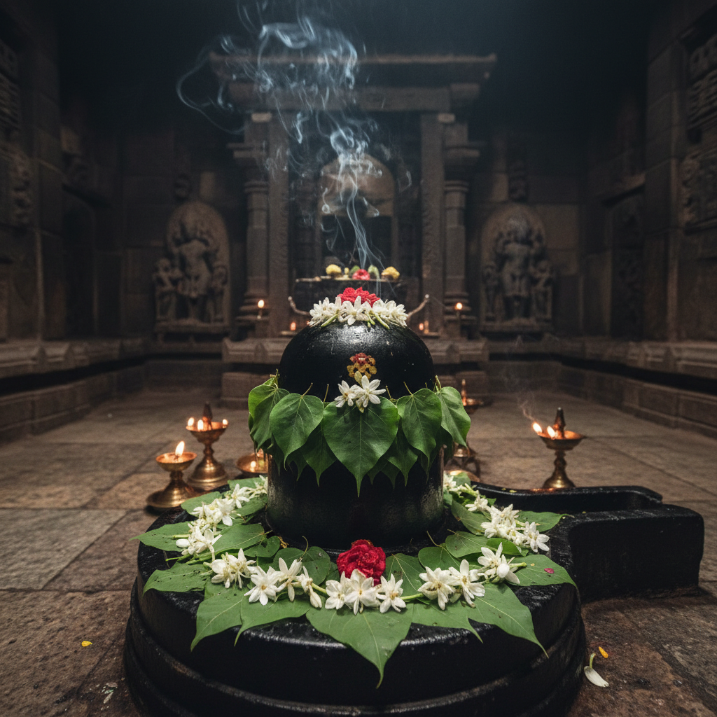 Shiva lingam with offerings and marigolds, warm amber temple light, sacred incense smoke, deeply shadowed stone walls, rich ochre tones