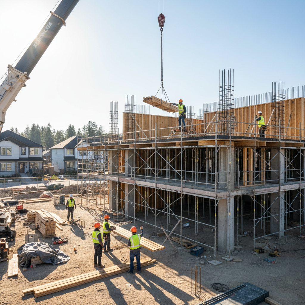 Construction workers building a residential structure