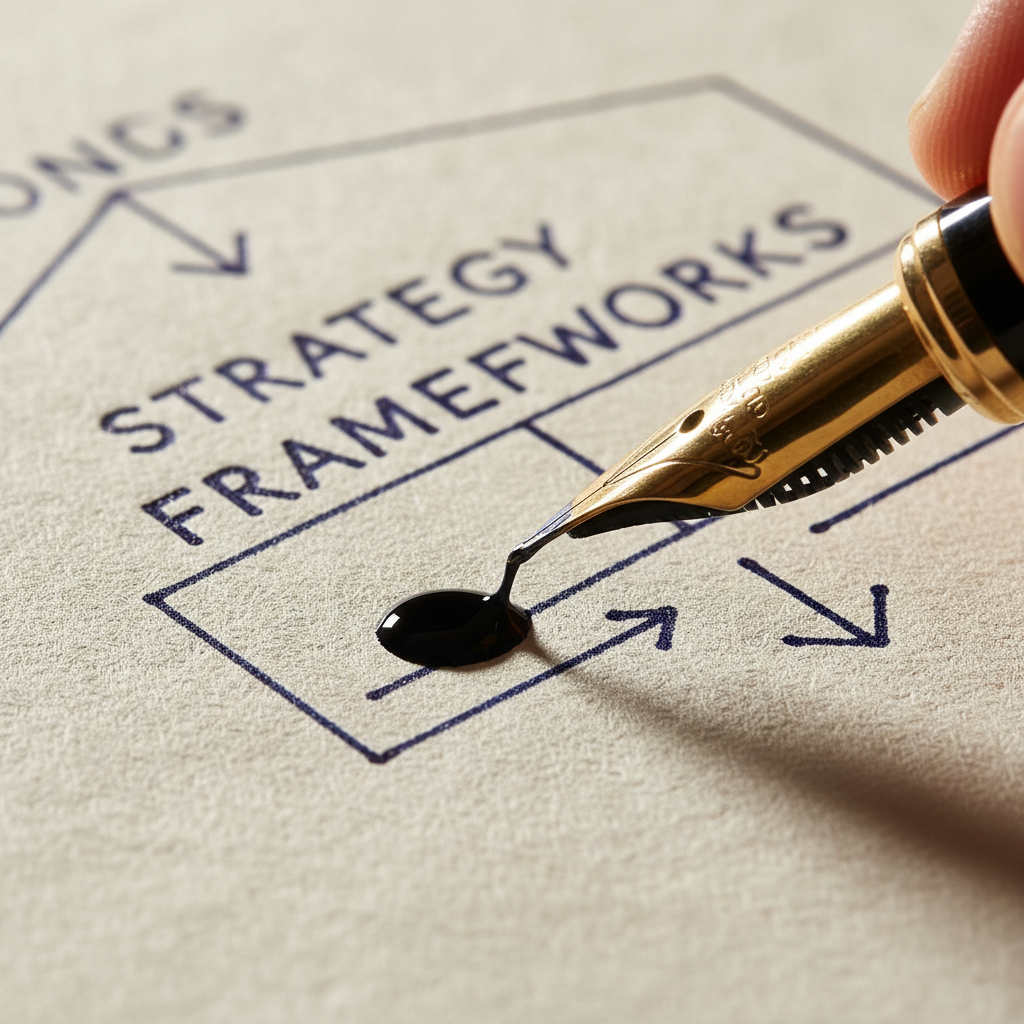 Macro close-up of a fountain pen nib writing strategy frameworks on heavy cotton paper — ink pooling before each stroke