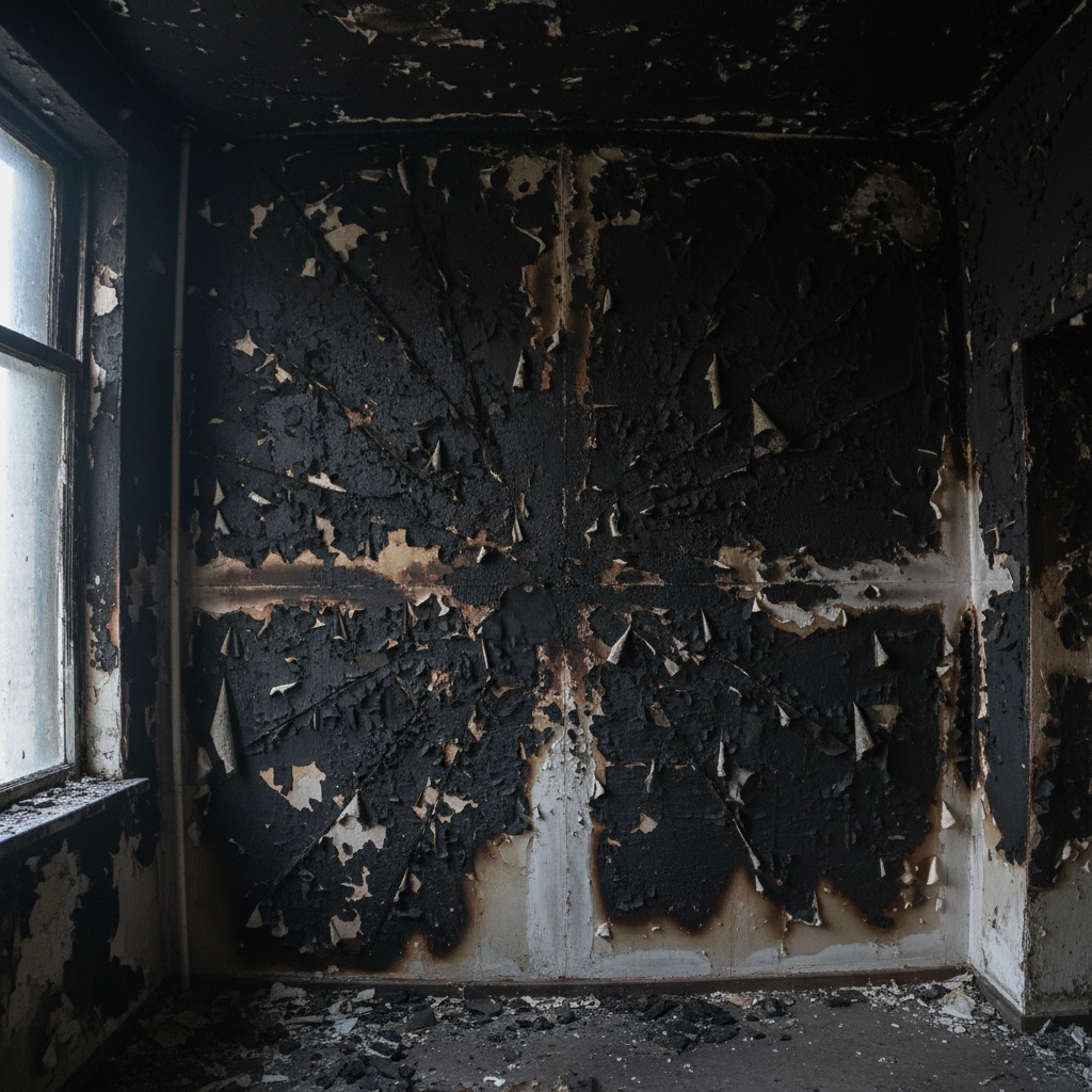 Damaged home interior after a fire, with debris and soot on walls