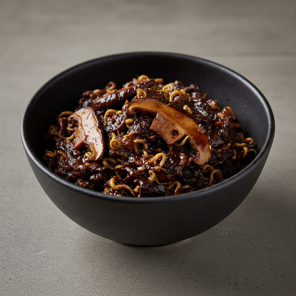 Sprout fermented mushroom umami paste in dark ceramic bowl with dried mushroom slices and soy reduction