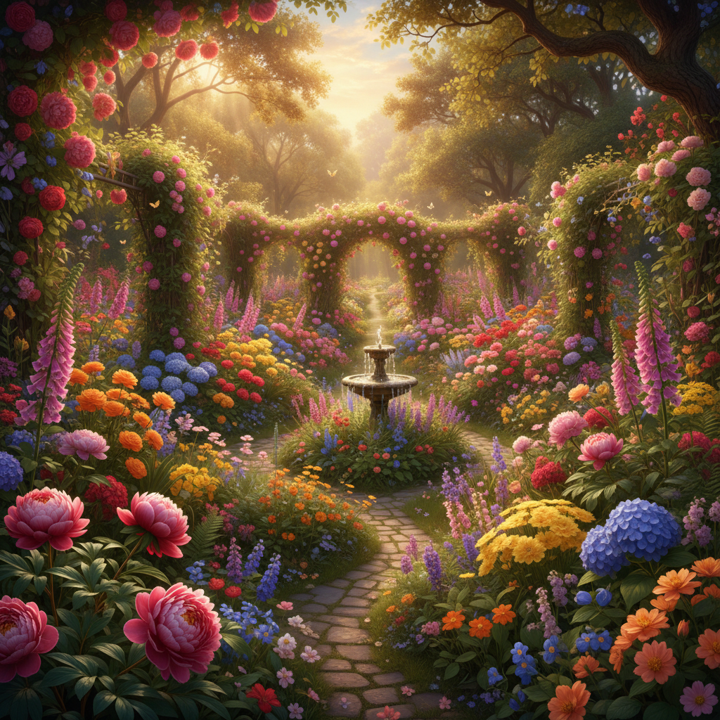 Garden fountain surrounded by lush green plants and blooming flowers