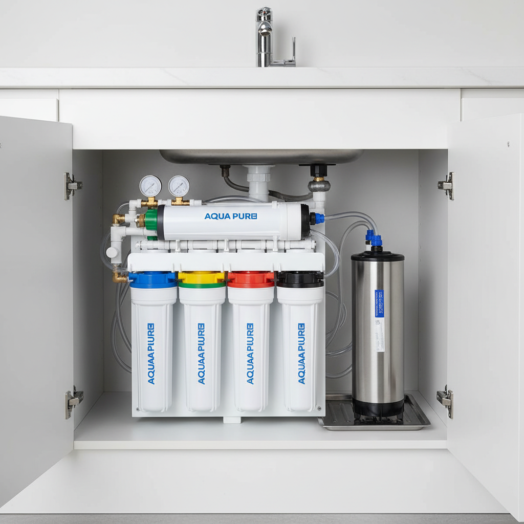 Reverse osmosis water purification system with multiple filter stages in clean white installation