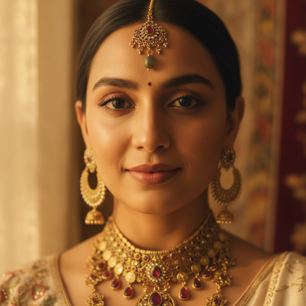 South Asian woman with glowing skin wearing gold jewelry against light background