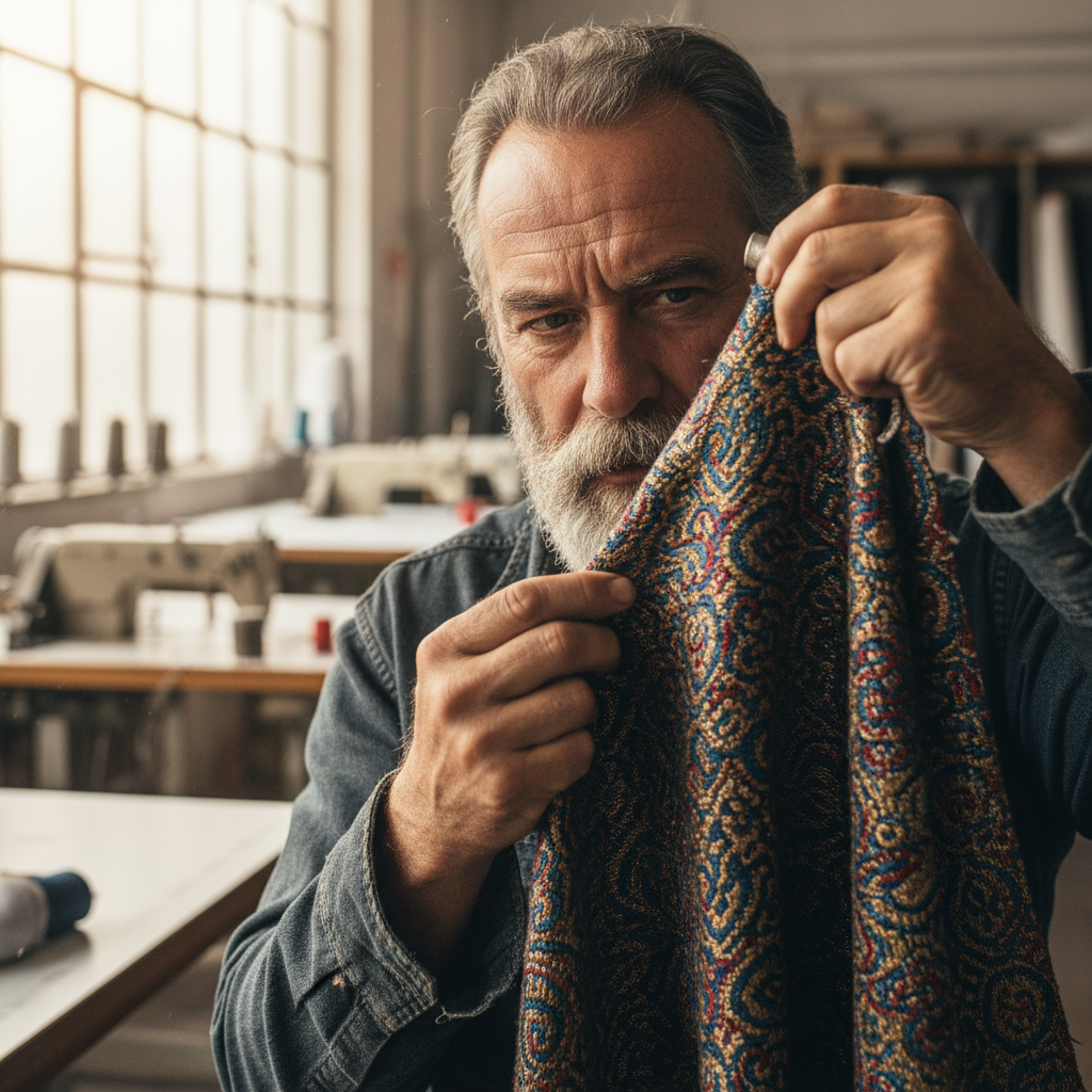 Fabric specialist Zainab Adebayo examining premium textile quality with expert eye in traditional Nigerian workshop setting