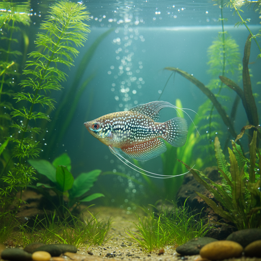 Pearl gourami fish with iridescent white spots drifting through planted aquarium