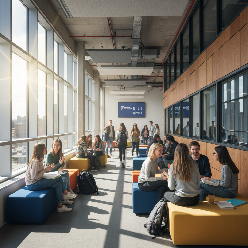 Students engaged in lively discussion in a well-lit campus corridor