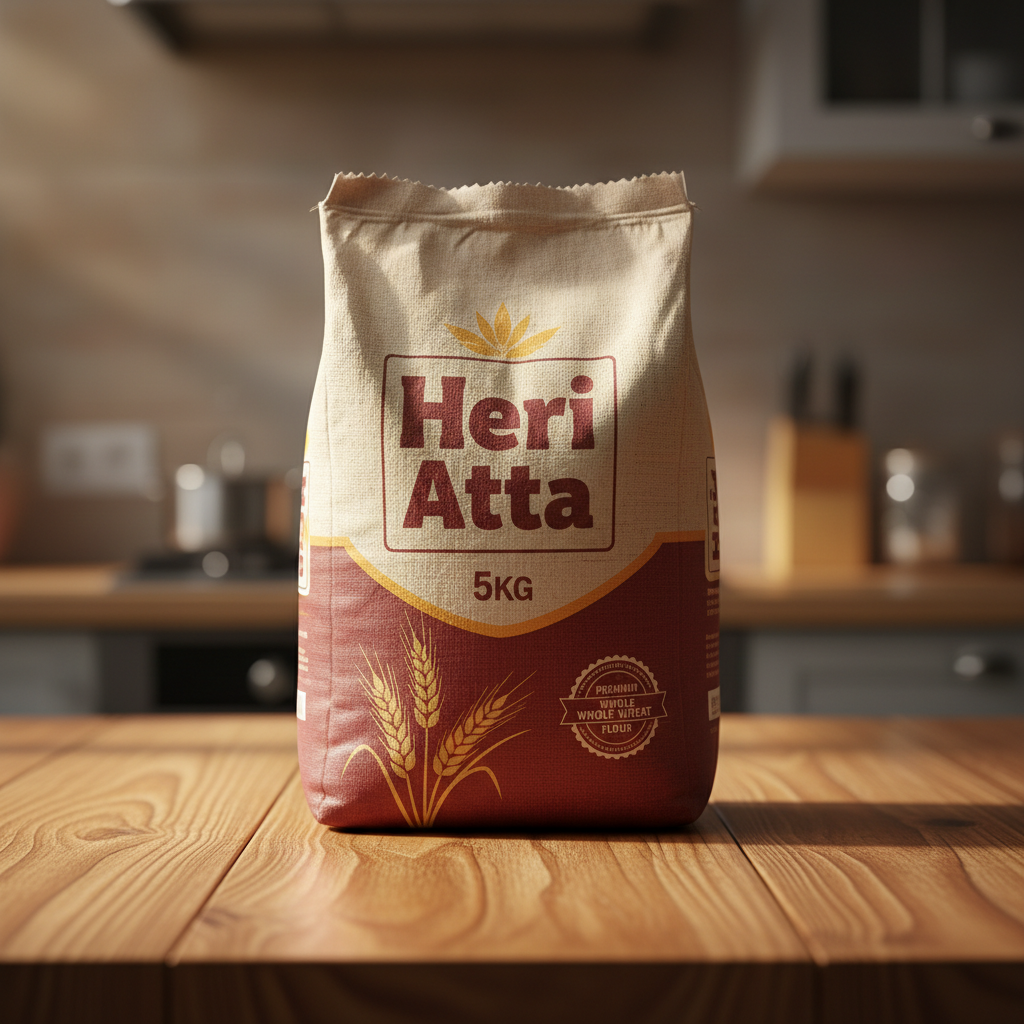 Wheat flour bag on bright white background, clean studio lighting, warm golden tone